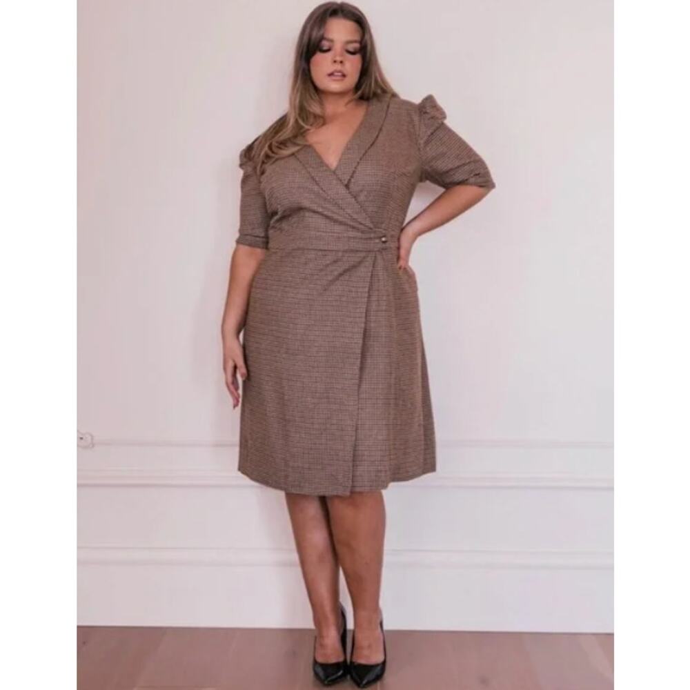 JessaKae x The Fox Group Houndstooth Wrap Dress Coat Puff Sleeve